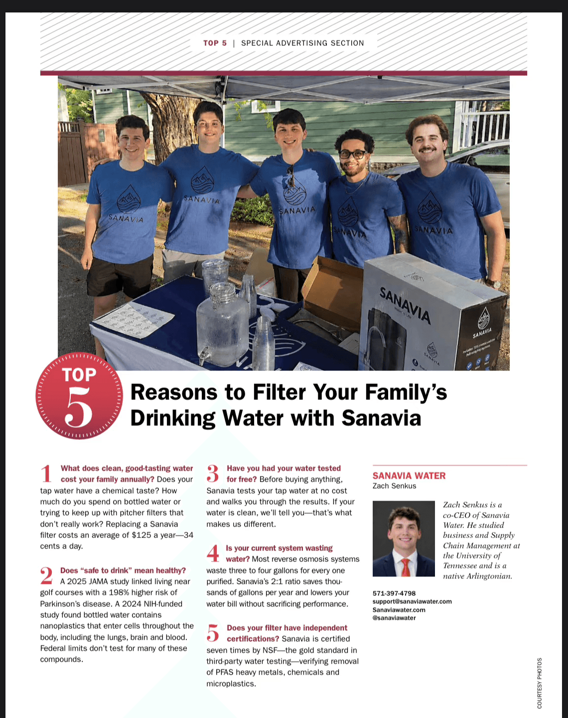 Arlington Magazine feature: ‘Top 5 Reasons to Filter Your Family's Drinking Water with Sanavia,’ with the Sanavia team and co-founder Zach Senkus